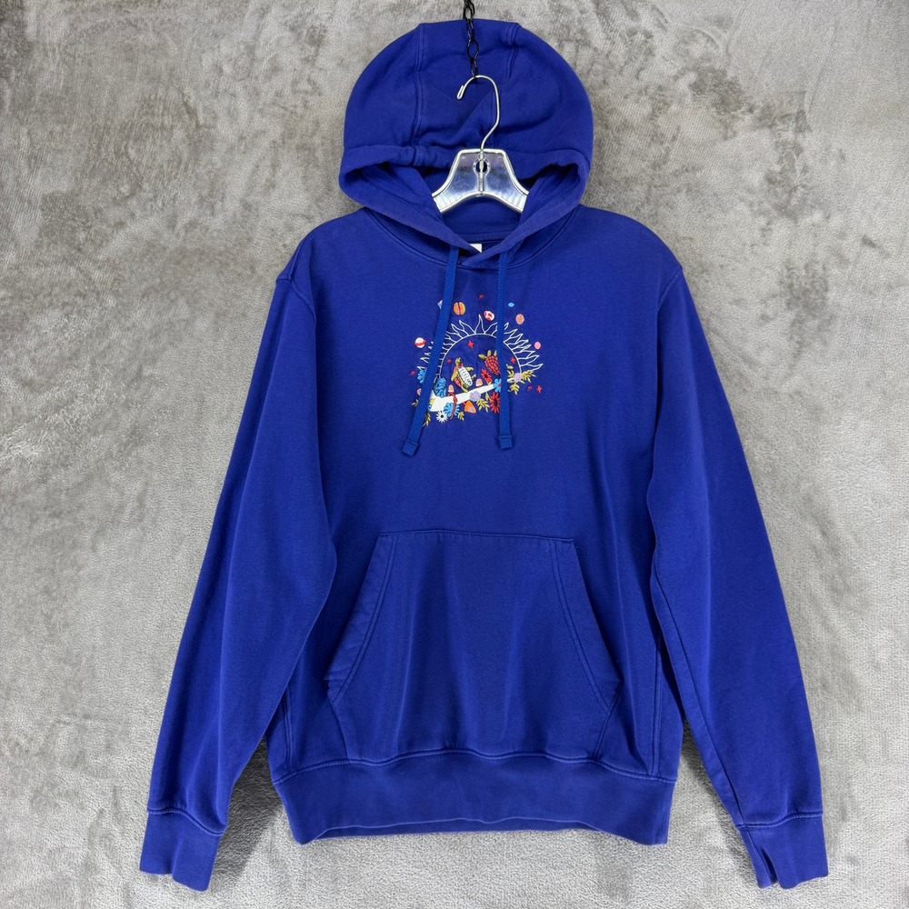 Nike Hoodie Mens M DQ3513-455 Blue Embroidered Turtle Sun Flower‎ Graphic EUC